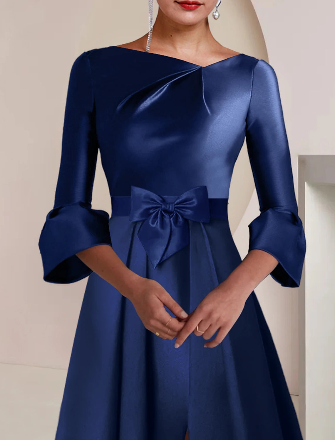 A-Line Mother of the Bride Dress Formal Wedding Guest Elegant Party Bateau Neck Tea Length Satin 3/4 Length Sleeve with Bow(s) Split Front