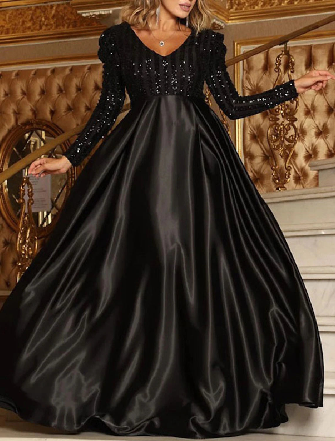 A-Line Sparkly Engagement Formal Evening Red Green Dress V Neck Long Sleeve Court Train Polyester with Sequin