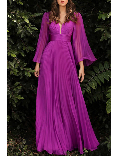 Sheath / Column Wedding Guest Dresses Elegant Dress Wedding Guest Floor Length Long Sleeve V Neck Chiffon with Pleats Ruched