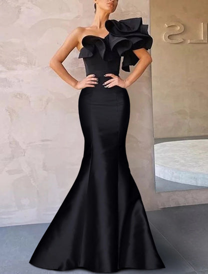 Mermaid Black Dress Christmas Red Green Dress Evening Gown Corsets Dress Christmas Red Green Dress Formal Wedding Guest Floor Length Sleeveless One Shoulder Taffeta with Ruffles Shouder Flower