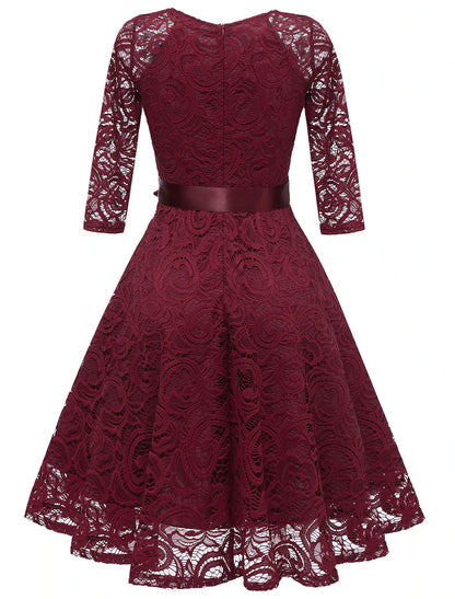 A-Line Cocktail Dresses Minimalist Dress Party Wear Short / Mini 3/4 Length Sleeve V Neck Lace with Bow(s) Pleats