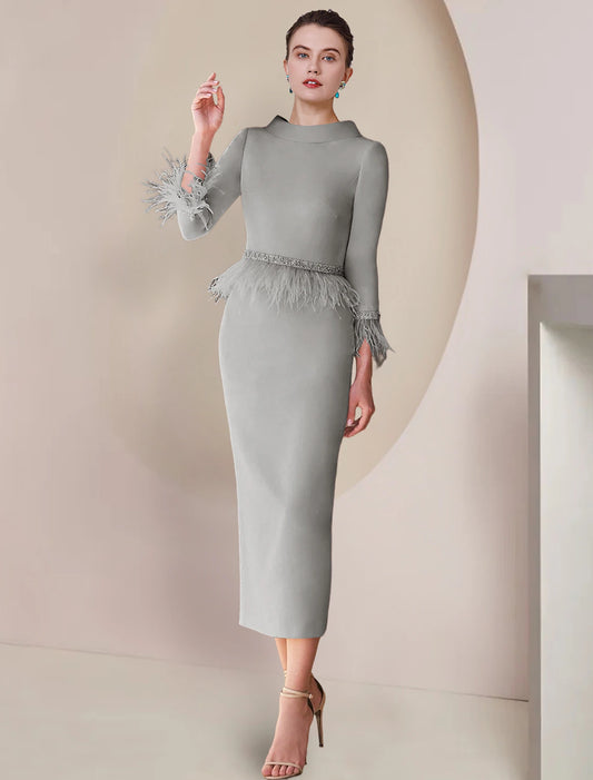 Sheath / Column Mother of the Bride Dress Formal Wedding Guest Elegant Party Scoop Neck Tea Length Satin 3/4 Length Sleeve with Feather Beading