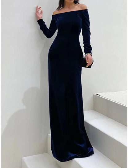 Sheath / Column Wedding Guest Dresses Maxi Dress Formal Black Tie Gala Floor Length Long Sleeve Off Shoulder Velvet with Pure Color