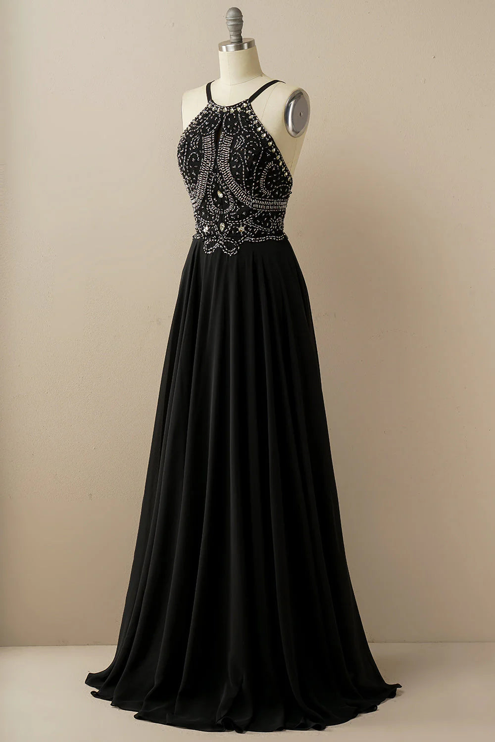 Amzcw Black A Line Halter Beaded Backless Long Prom Dress prom dresses with long sleeves