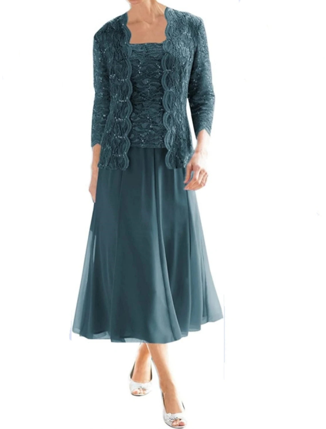 Two Piece Sheath / Column Mother of the Bride Dress Sparkle & Shine Vintage Elegant Square Neck Tea Length Chiffon Lace 3/4 Length Sleeve with Pleats Sequin