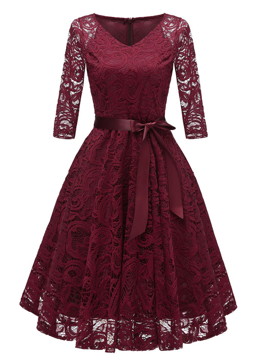 A-Line Cocktail Dresses Minimalist Dress Party Wear Short / Mini 3/4 Length Sleeve V Neck Lace with Bow(s) Pleats