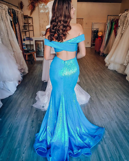Mermaid Elegant Sequin Off Shoulder Satin Corset Open Back Prom Dresses