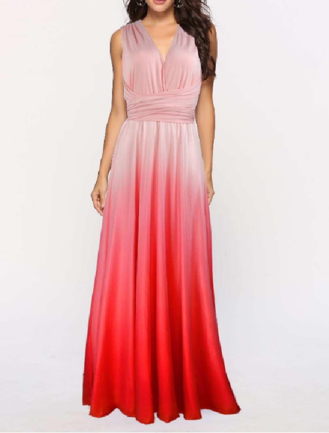 A-Line Ombre Engagement Prom Dress V Neck Backless Crisscross Back Sleeveless Floor Length Jersey with Criss Cross Ruched