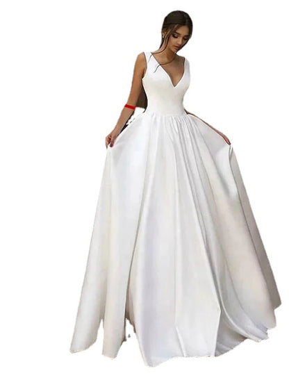 Reception Casual Formal Wedding Dresses A-Line V Neck Sleeveless Floor Length Satin Bridal Gowns With Pleats Solid Color Summer Fall Wedding Party