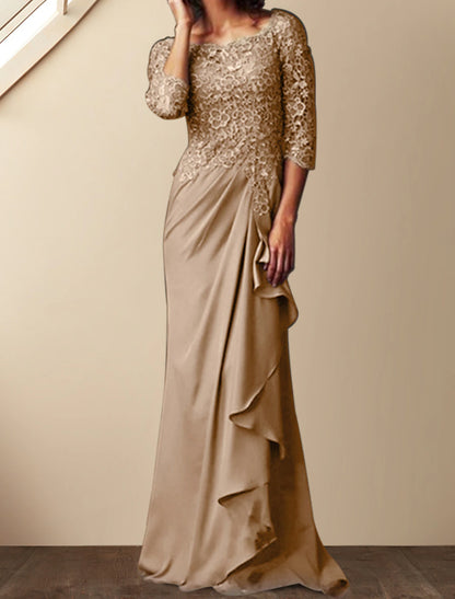 Sheath / Column Mother of the Bride Dress Elegant Bateau Neck Floor Length Chiffon Lace 3/4 Length Sleeve with Lace