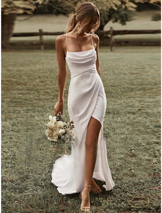 Beach Sexy Casual Wedding Dresses Sheath / Column Square Camisole Spaghetti Strap Sweep / Brush Train Stretch Fabric Outdoor Bridal Gowns With Ruched Split