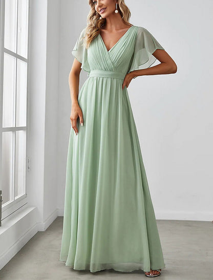 A-Line Wedding Guest Dresses Empire Dress Birthday Floor Length Short Sleeve V Neck Belt / Sash Chiffon with Ruched Ruffles Strappy