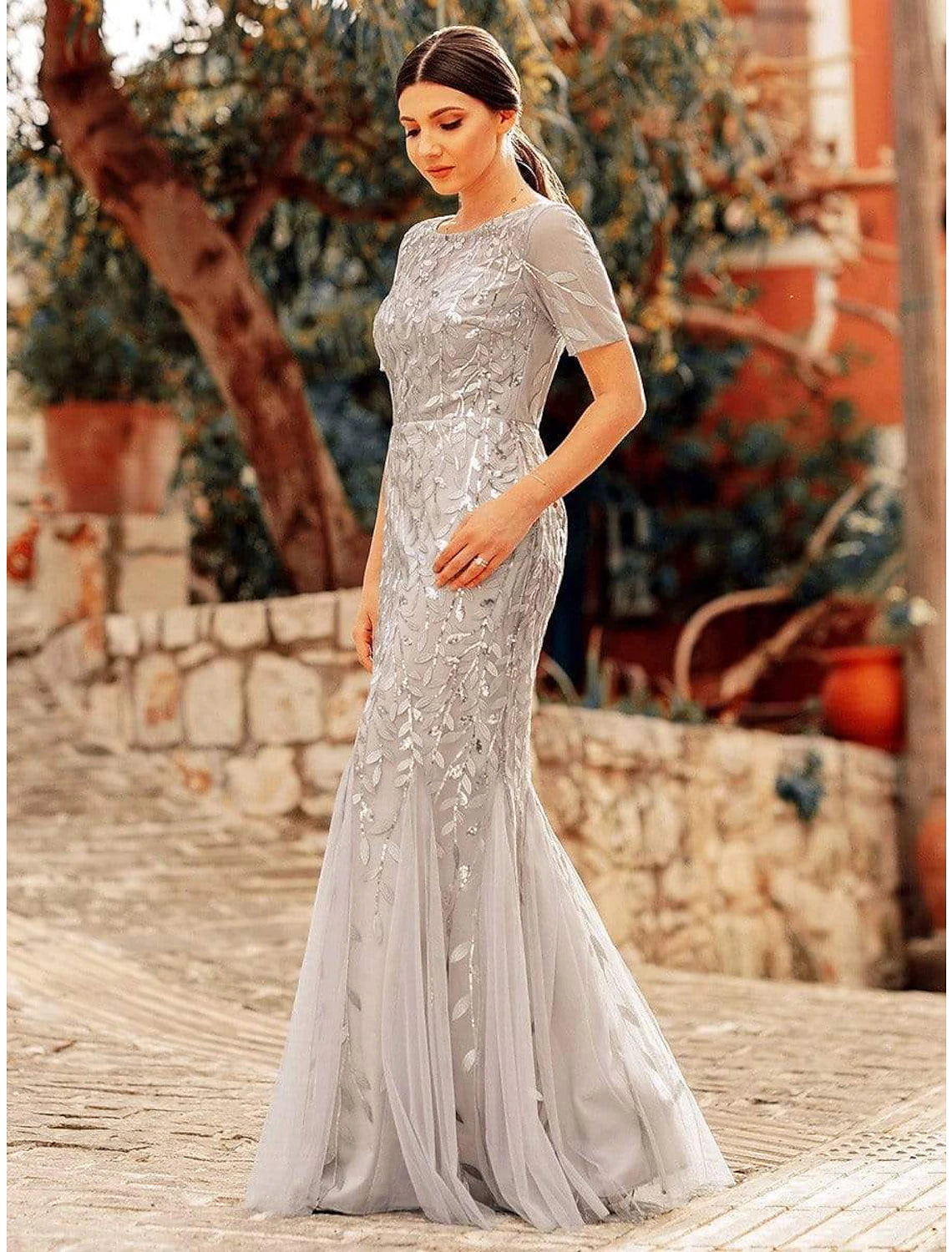 Mermaid / Trumpet Evening Gown Empire Dress Wedding Guest Floor Length Short Sleeve Jewel Neck Bridesmaid Dress Tulle with Embroidery
