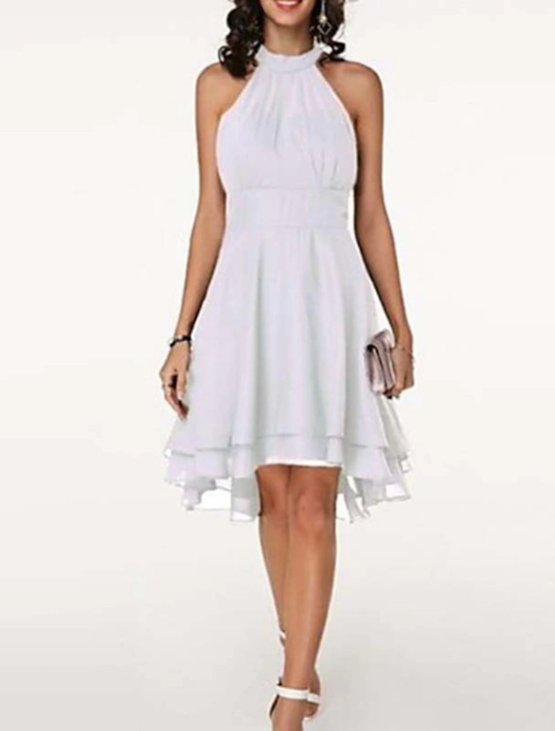 A-Line High Waisted Cocktail Party Dress Halter Neck V Back Engagement Semi-formal Dance Sleeveless Knee Length Chiffon with Sleek Tier