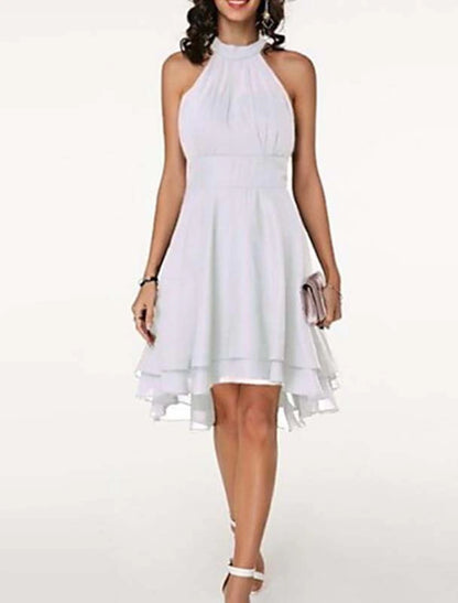 A-Line High Waisted Cocktail Party Dress Halter Neck V Back Engagement Semi-formal Dance Sleeveless Knee Length Chiffon with Sleek Tier