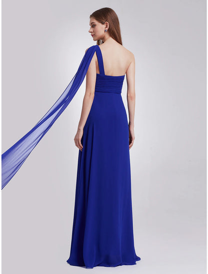 A-Line Evening Gown Empire Dress Formal Evening Floor Length Sleeveless One Shoulder Bridesmaid Dress Chiffon Backless with Pleats Draping