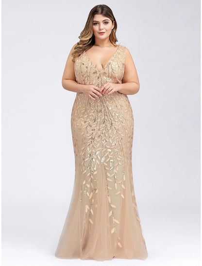 Mermaid / Trumpet Plus Size Sexy Prom Formal Evening Dress V Neck Sleeveless Floor Length Tulle with Appliques