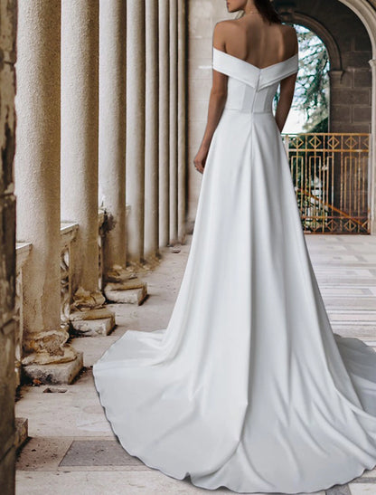 Hall Casual Wedding Dresses A-Line Off Shoulder Cap Sleeve Court Train Satin Bridal Gowns With Pleats