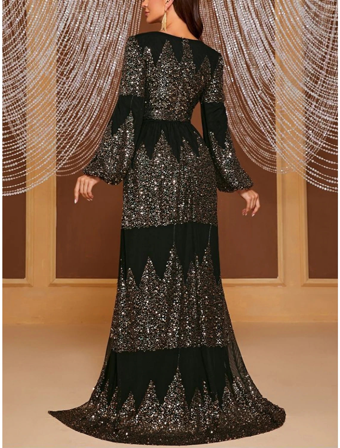 Sheath / Column Evening Gown Elegant Dress Formal Sweep / Brush Train Long Sleeve V Neck Polyester with Pleats Sequin Slit