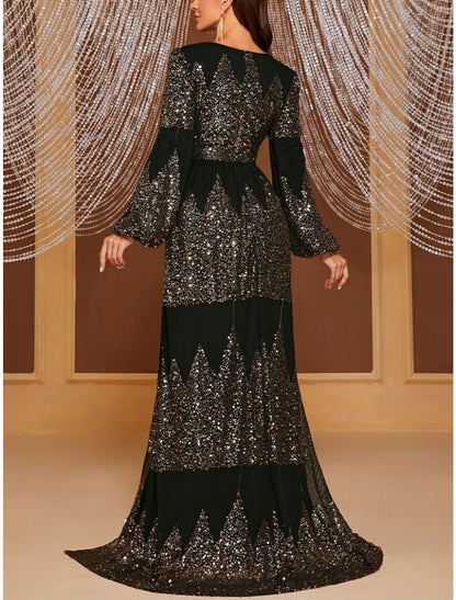 Sheath / Column Evening Gown Elegant Dress Formal Sweep / Brush Train Long Sleeve V Neck Polyester with Pleats Sequin Slit