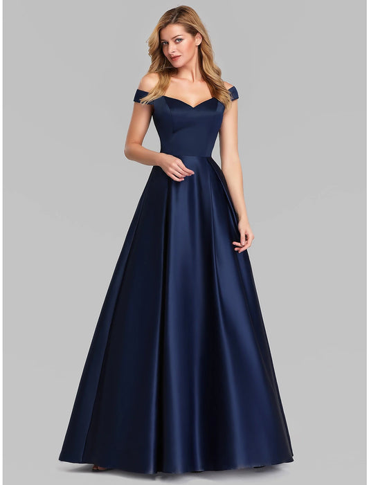 A-Line Evening Gown Elegant & Luxurious Dress Wedding Guest Floor Length Sleeveless Plunging Neck Satin with Ruched