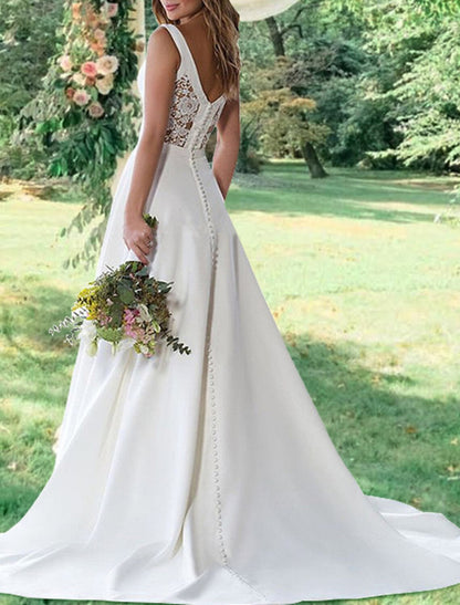 Hall Open Back Casual Wedding Dresses A-Line V Neck Sleeveless Sweep / Brush Train Satin Bridal Gowns With Appliques