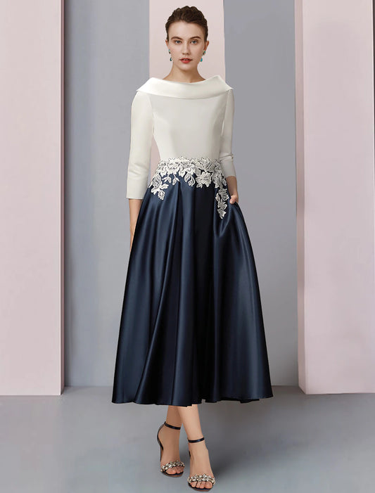 A-Line Mother of the Bride Dress Formal Wedding Guest Elegant Vintage Bateau Neck Tea Length Satin Lace Half Sleeve with Pleats Appliques Color Block