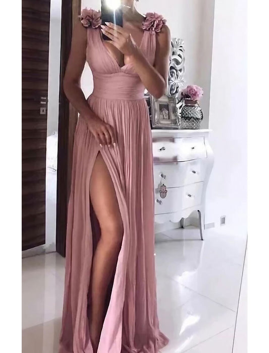 A-Line Wedding Guest Dresses Sexy Dress Formal Wedding Guest Floor Length Sleeveless V Neck Charmeuse with Slit Shouder Flower