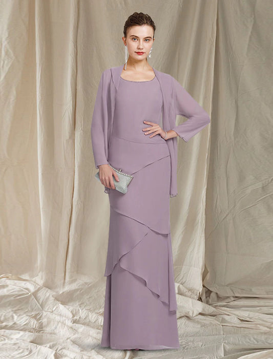 Two Piece Sheath / Column Mother of the Bride Dress Elegant Scoop Neck Floor Length Chiffon Sleeveless Wrap Included with Beading Cascading Ruffles