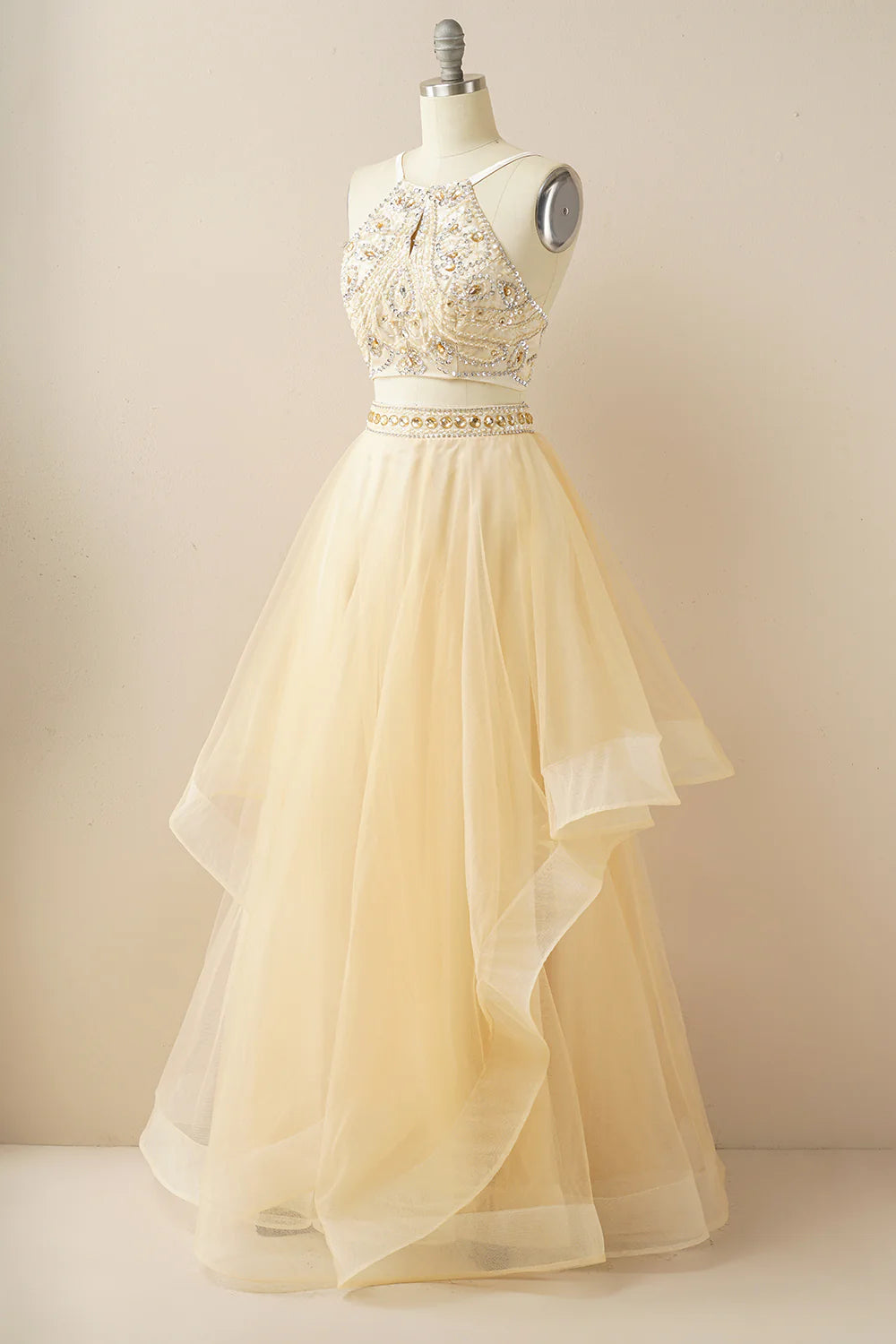 Two Pieces Halter Beaded Prom Dress