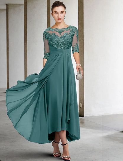 A-Line Mother of the Bride Dress Wedding Guest Elegant Plus Size High Low V Neck Asymmetrical Ankle Length Chiffon Lace Half Sleeve with Beading Appliques