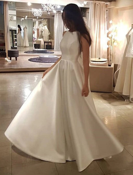 Reception Casual Wedding Dresses A-Line Scoop Neck Sleeveless Sweep / Brush Train Satin Bridal Gowns With Solid Color