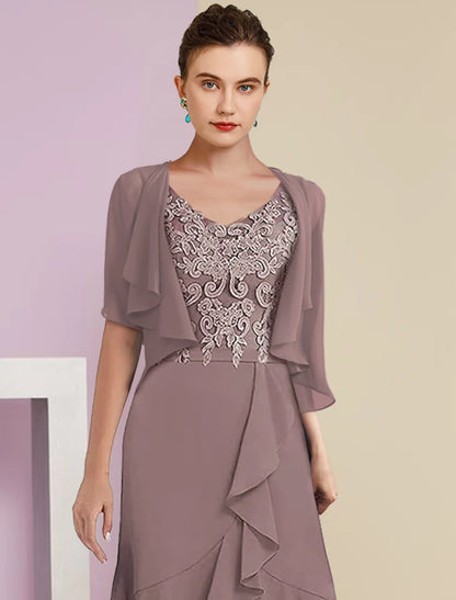 Two Piece A-Line Mother of the Bride Dress Formal Fall Wedding Guest Elegant High Low V Neck Asymmetrical Tea Length Chiffon Lace Short Sleeve 3/4 Length Sleeve Wrap Included with Appliques