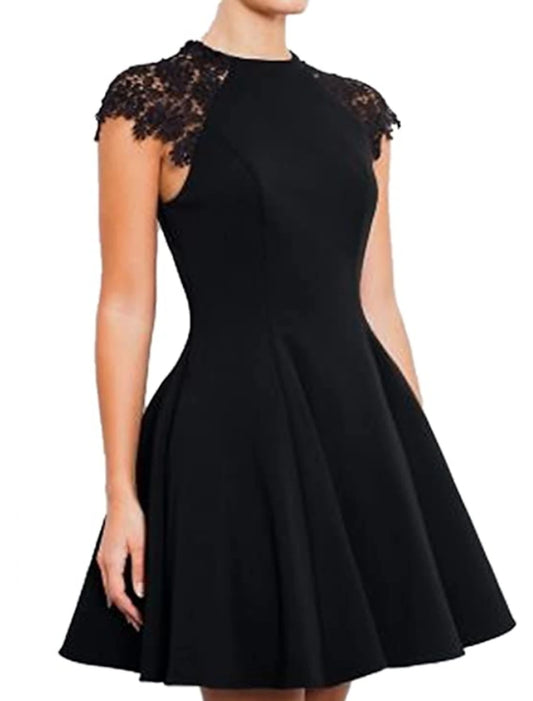 A-Line Cocktail Dresses Black Dress Homecoming Cocktail Party Short / Mini Short Sleeve Jewel Neck Stretch Satin with Appliques