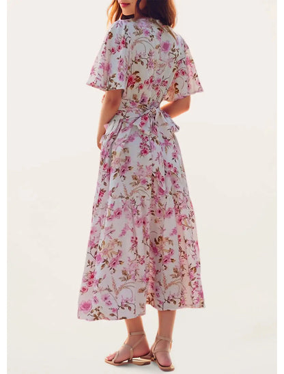 A-Line Wedding Guest Dresses Floral Dress Holiday Summer Tea Length Short Sleeve V Neck Polyester with Print