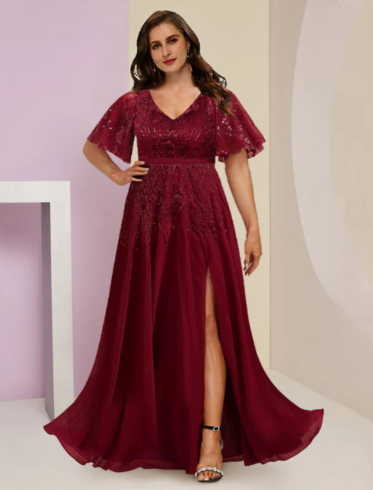 Plus Size Curve Mother of the Bride Dress Wedding Guest Elegant Sparkle & Shine V Neck Floor Length Chiffon Lace Sequined Short Sleeve with Pleats Split