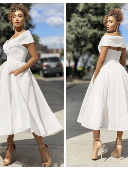 A-Line Prom Dresses Vintage Dress Wedding Guest Summer Tea Length Sleeveless Off Shoulder Organza Backless with Ruched