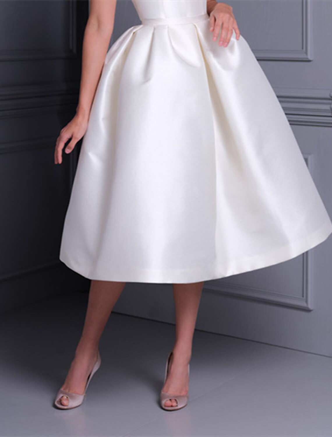 Bridal Shower Little White Dresses Casual Wedding Dresses A-Line Off Shoulder Cap Sleeve Tea Length Satin Bridal Gowns With Solid Color