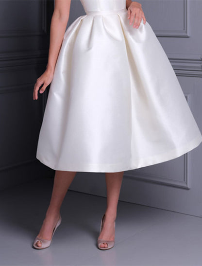 Bridal Shower Little White Dresses Casual Wedding Dresses A-Line Off Shoulder Cap Sleeve Tea Length Satin Bridal Gowns With Solid Color