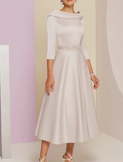 A-Line Mother of the Bride Dress Wedding Guest Vintage Plus Size Elegant Bateau Neck Tea Length Satin 3/4 Length Sleeve with Beading