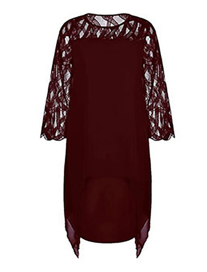 A-Line Elegant Cocktail Dress Semi-formal Red Green Dress Midi Jewel Neck 3/4 Length Sleeve Knee Length Lace with Sleek Splicing