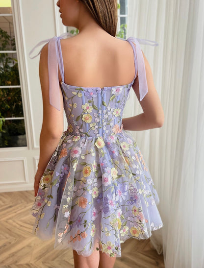 A-Line Homecoming Dresses Floral Dress Sweet 16 Summer Knee Length Sleeveless Spaghetti Strap Tulle with Embroidery