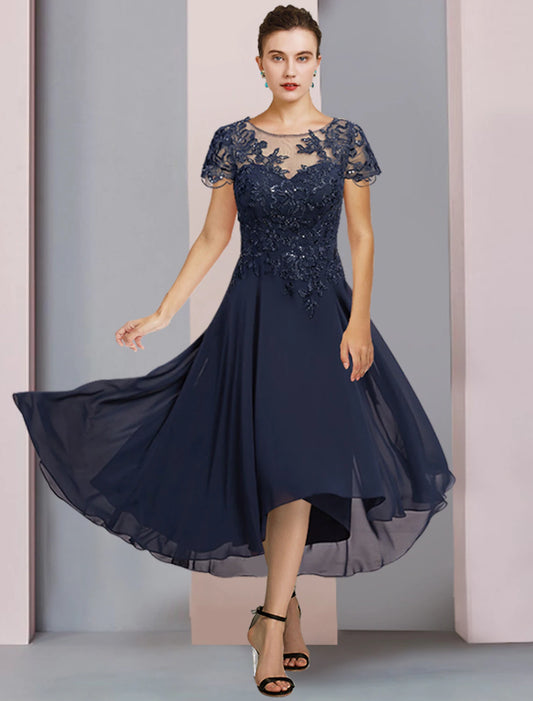 A-Line Mother of the Bride Dress Formal Wedding Guest Elegant Scoop Neck Jewel Neck Tea Length Chiffon Lace Short Sleeve with Pleats Sequin Appliques