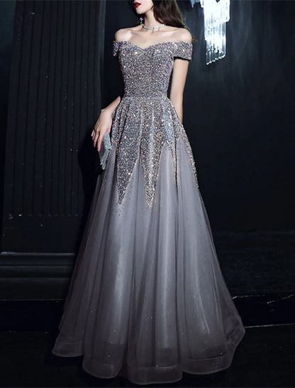 A-Line Prom Dresses Elegant Dress Formal Wedding Guest Floor Length Short Sleeve Off Shoulder Polyester with Sequin