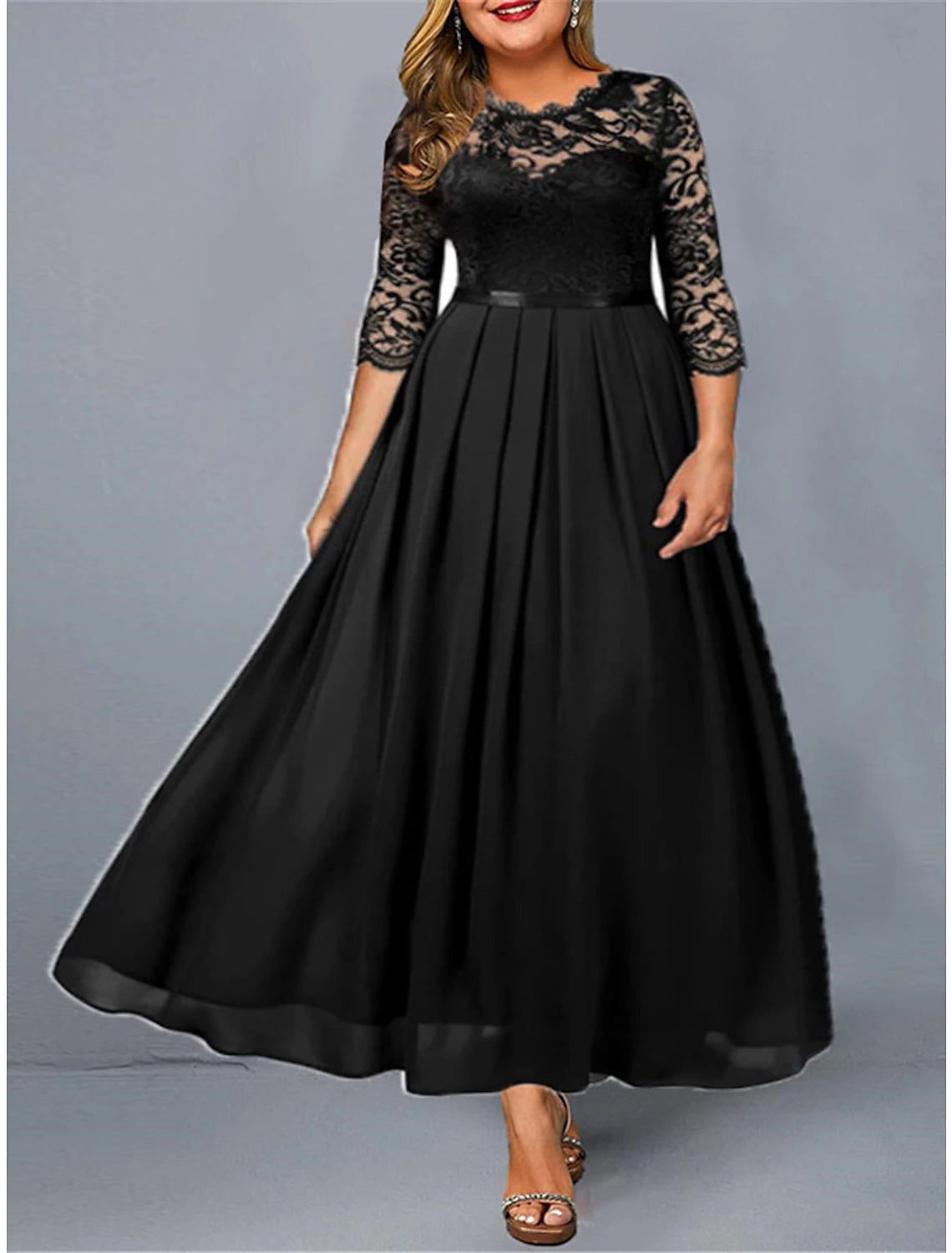 Women's Plus Size Green Chirstmas Dress Curve Party Dress Lace Dress Homecoming Dress Solid Color Long Dress Maxi Dress 3/4 Length Sleeve Lace Crew Neck Modern Party Black Wine Summer Spring