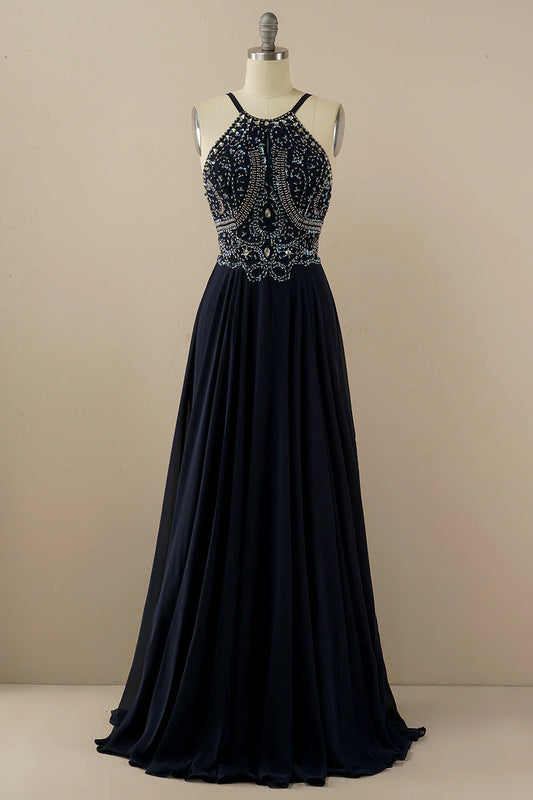 Halter Beaded Backless Prom Dress