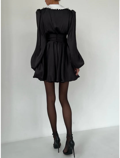 A-Line Homecoming Dresses Vintage Dress Homecoming Short / Mini Black Dress Long Sleeve V Neck Satin with Pleats Ruched Ruffles