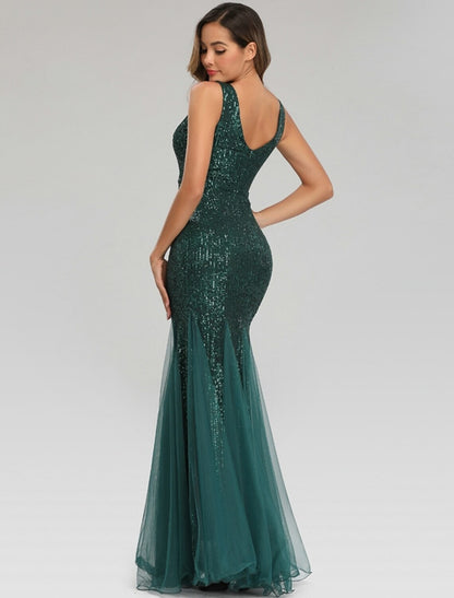 Mermaid / Trumpet Sparkle Sexy Party Wear Formal Evening Dress V Neck Sleeveless Floor Length Sequined with Sequin