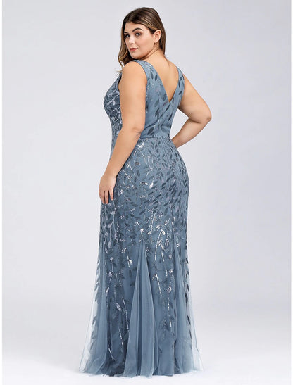 Mermaid / Trumpet Plus Size Sexy Prom Formal Evening Dress V Neck Sleeveless Floor Length Tulle with Appliques