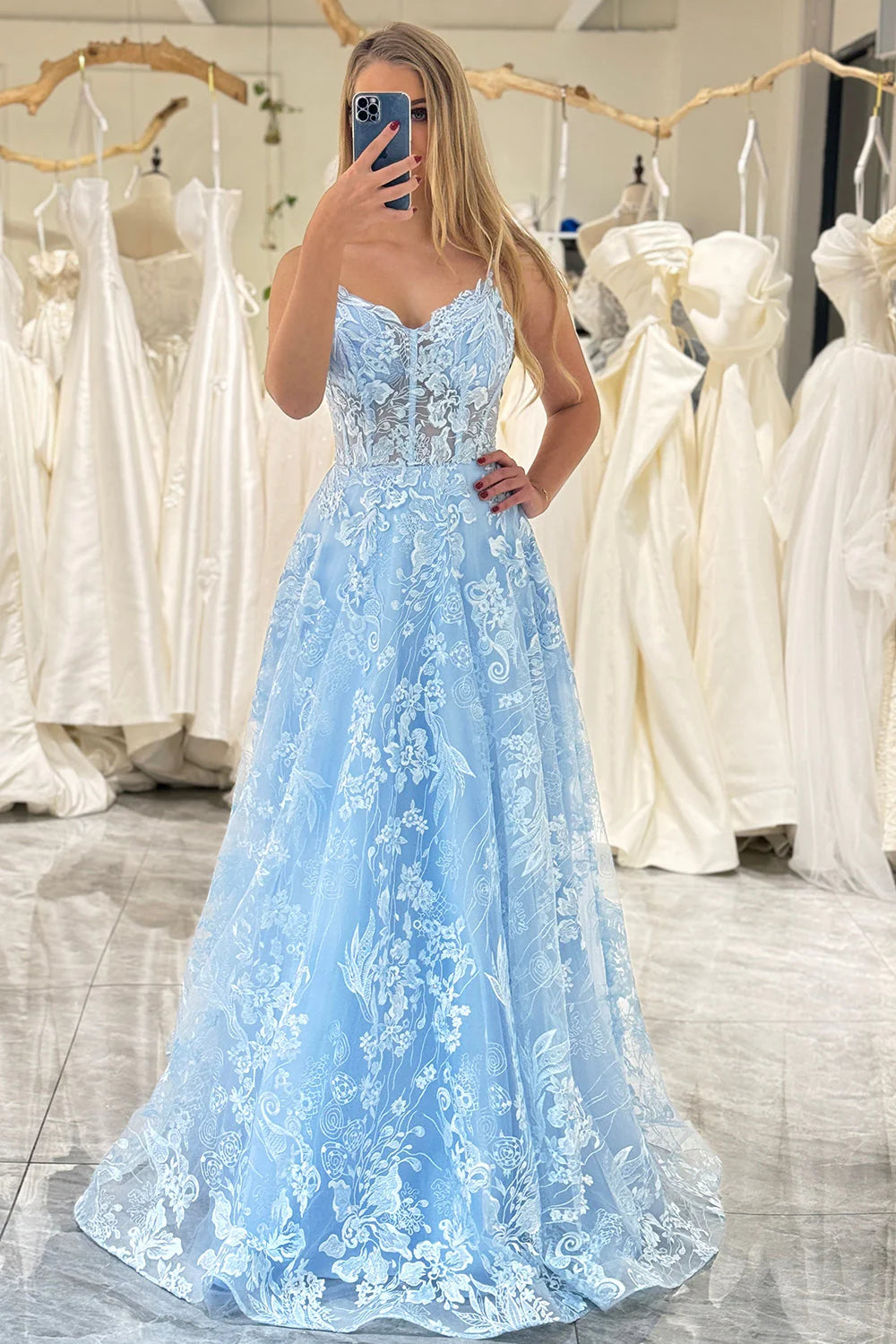 Amzcw Sky Blue A Line Spaghetti Straps V Neck Tulle Long Corset Prom Dress With Appliques prom clothing